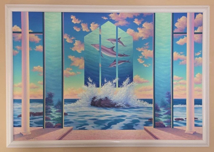 Signed surreal serigraph of three dolphins above crashing surf, framed between columns under a pastel sky