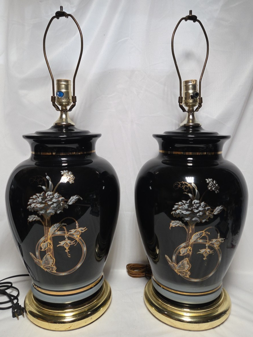 Vintage Black Asian-Style Floral Table Lamps, Set of 2, 27 Inches