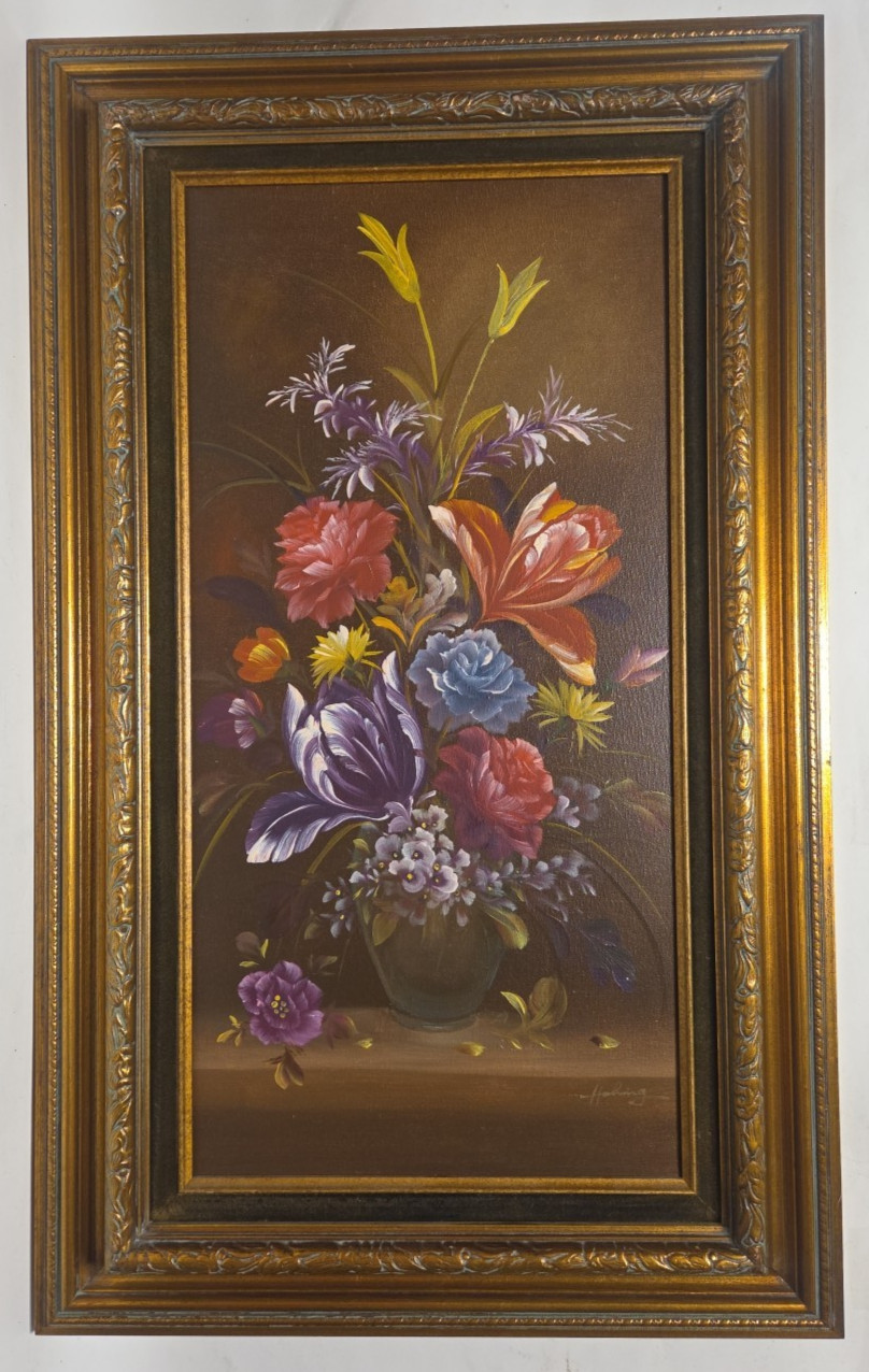 19th Century-Style Floral Still Life Oil Painting, Gold Framed & Signed