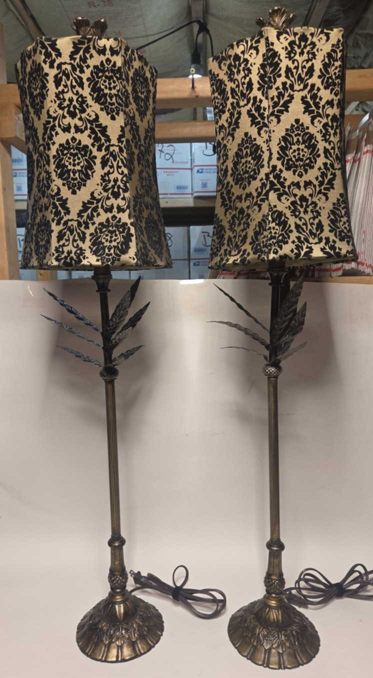 Mid-Century Modern Brass Pineapple Buffet Lamps with Damask Shades, Set of 2