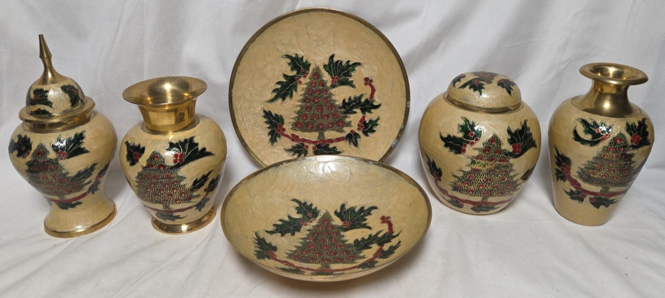 Set of 6 Vintage Cloisonné Brass Christmas Tree Holly Ornaments