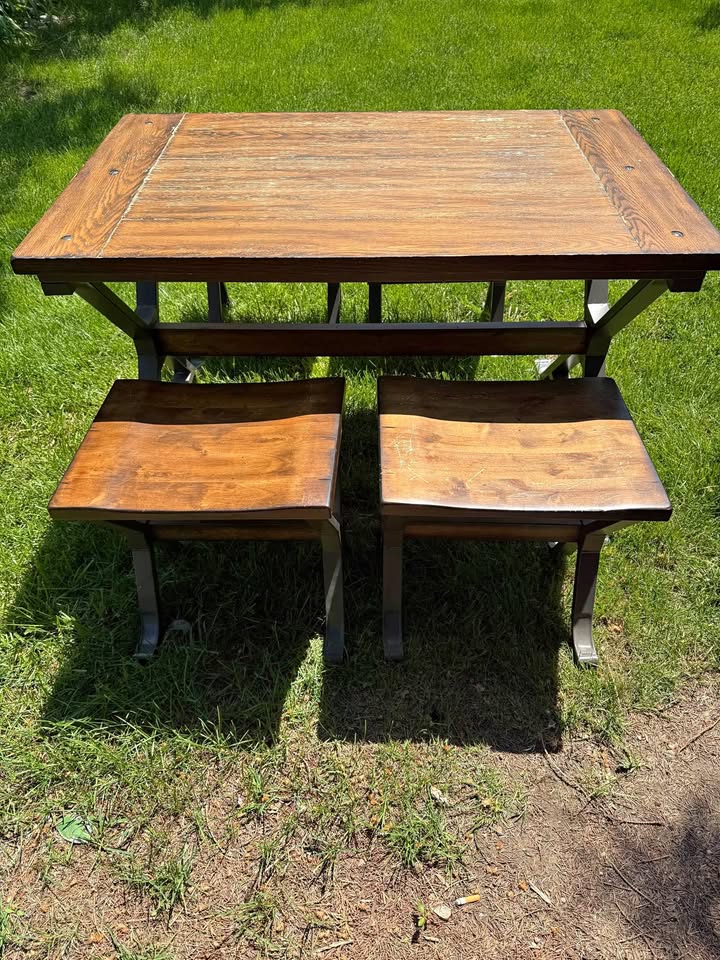 Rustic Oak Counter Table w/ X-Trestle Base + 2 Saddle-Seat Stools