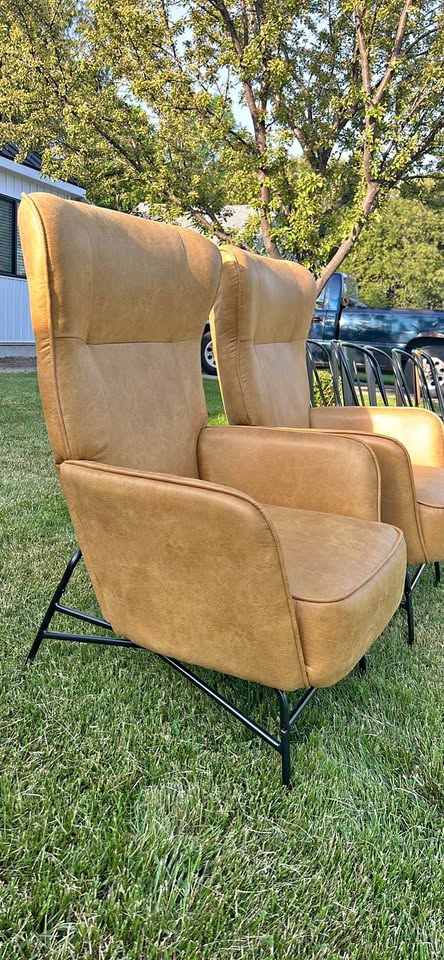 Camel Faux-Leather Wingback Accent Chairs, Pair, Black Metal Sled Legs