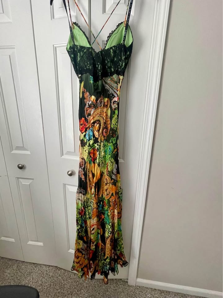 Paisley Floral Charmeuse Maxi Dress with Black Lace Bust