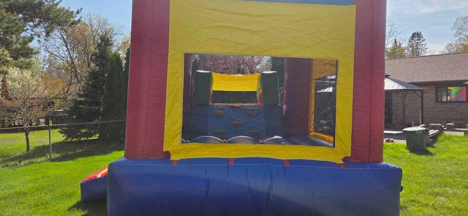 Primary-Color Castle Bounce House w/ Slide + Green Blower