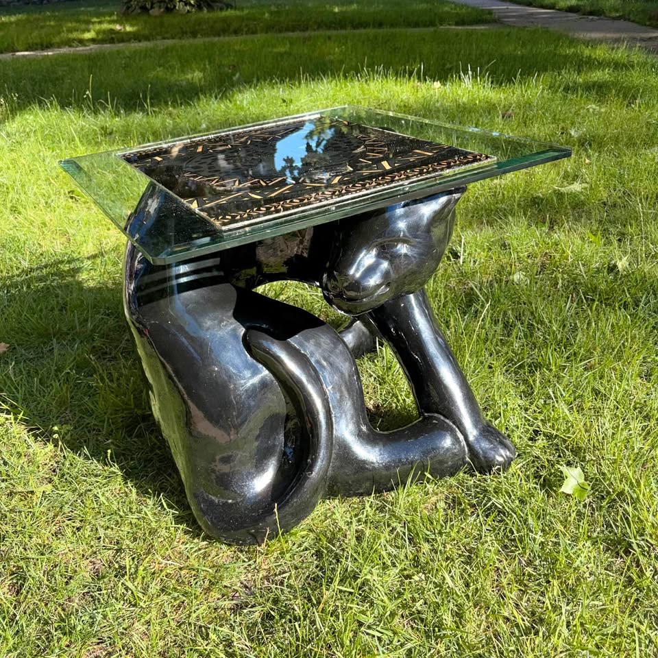 Figural Black Panther Glass-Top Side Table