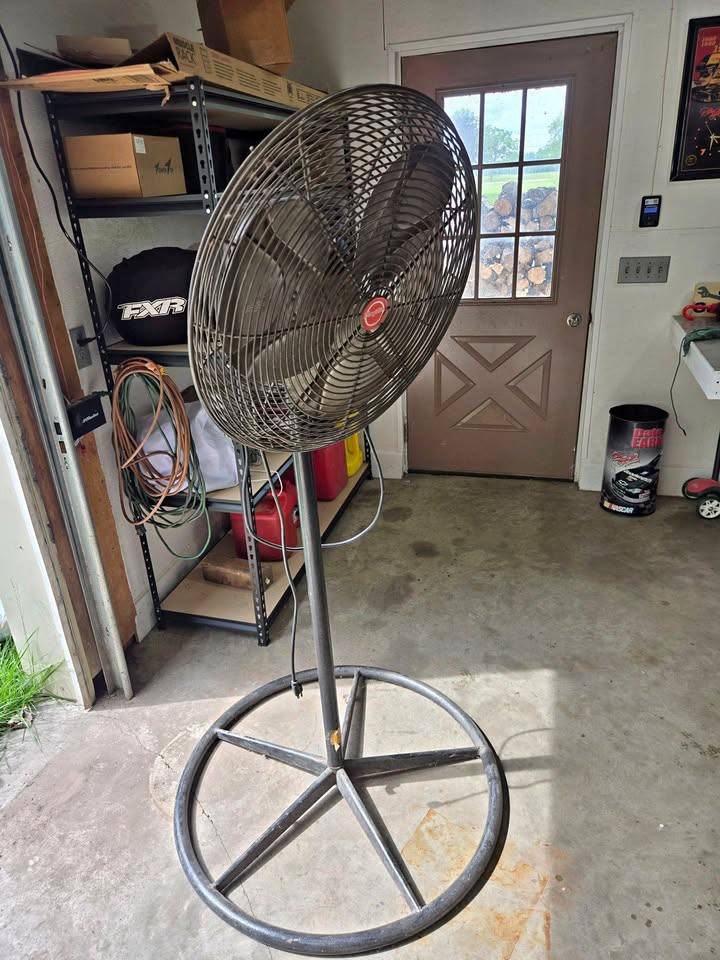 Industrial Pedestal Shop Fan on Round Metal Base