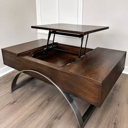 Dark-Wood Lift-Top Coffee Table w/ Hidden Storage, Curved Chrome Base