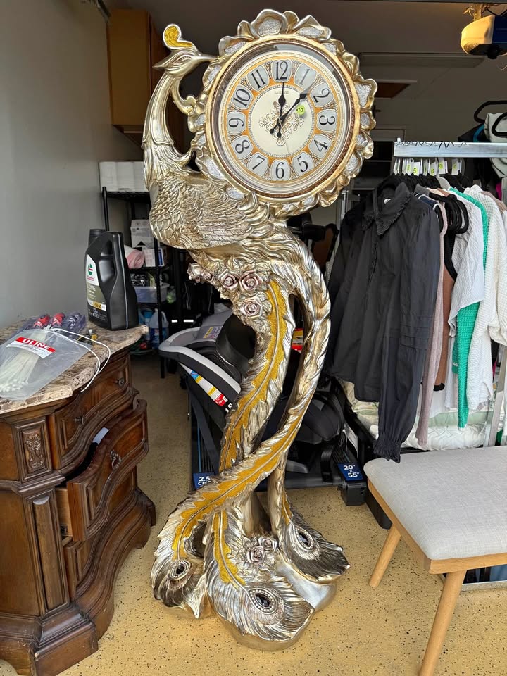 Ornate Peacock-Form Floor Clock, Gold/Silver Finish